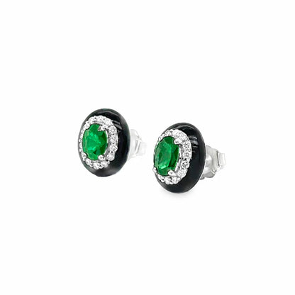 18KT GOLD EMERALD AND DIAMONDS BLACK ENAMEL EARRING