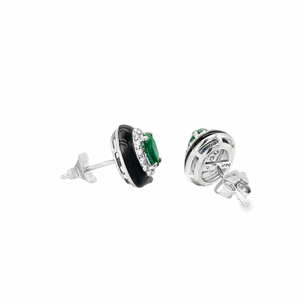 18KT GOLD EMERALD AND DIAMONDS BLACK ENAMEL EARRING