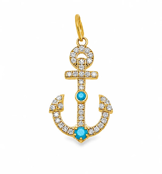 14KT YELLOW GOLD TURQUOISE PENDANT WITH DIAMONDS