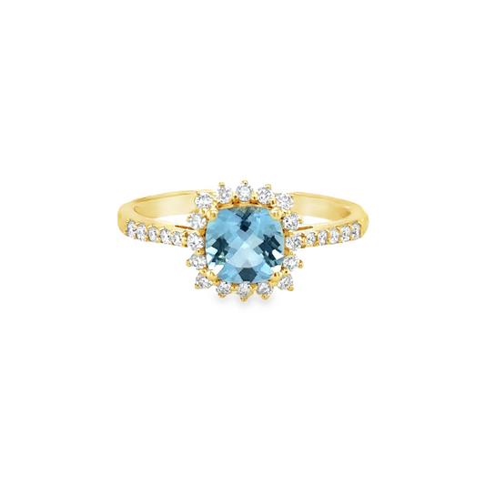 14KT GOLD AQUAMARINE AND DIAMONDS RING