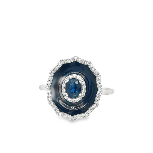 18KT WHITE GOLD BLUE SAPPHIRE AND DIAMOND ENAMEL RING