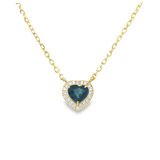 14KT YELLOW GOLD DIAMOND AND GREEN SAPPHIRE HEART NECKLACE