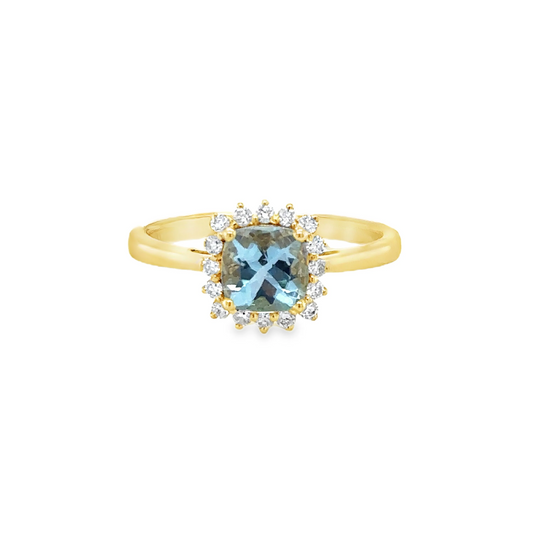 14KT GOLD AQUAMARINE AND DIAMONDS RING