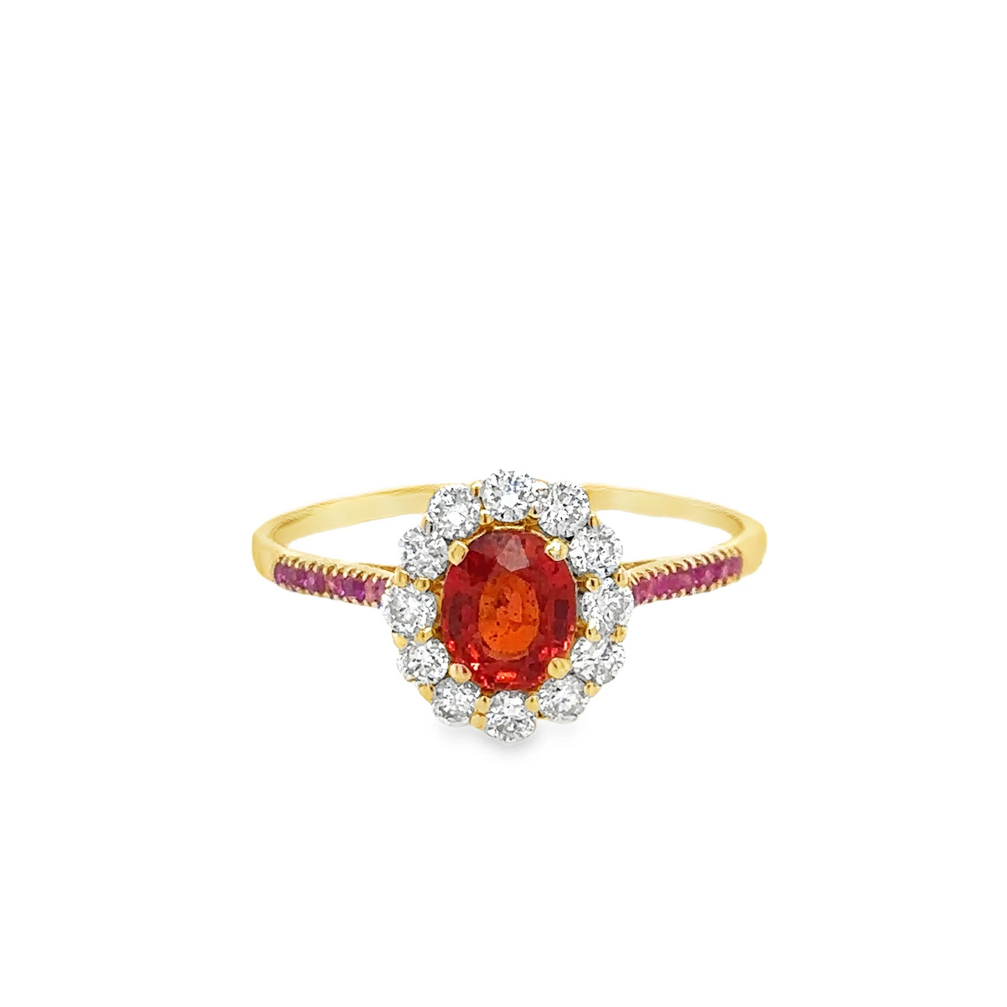 14KT YELLOW GOLD DIAMONDS WITH ORANGE AND PINK SAPPHIRE RING