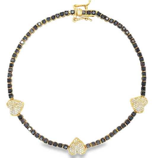 14KT GOLD BLACK DIAMONDS AND DIAMONDS HEART TENNIS BRACELET