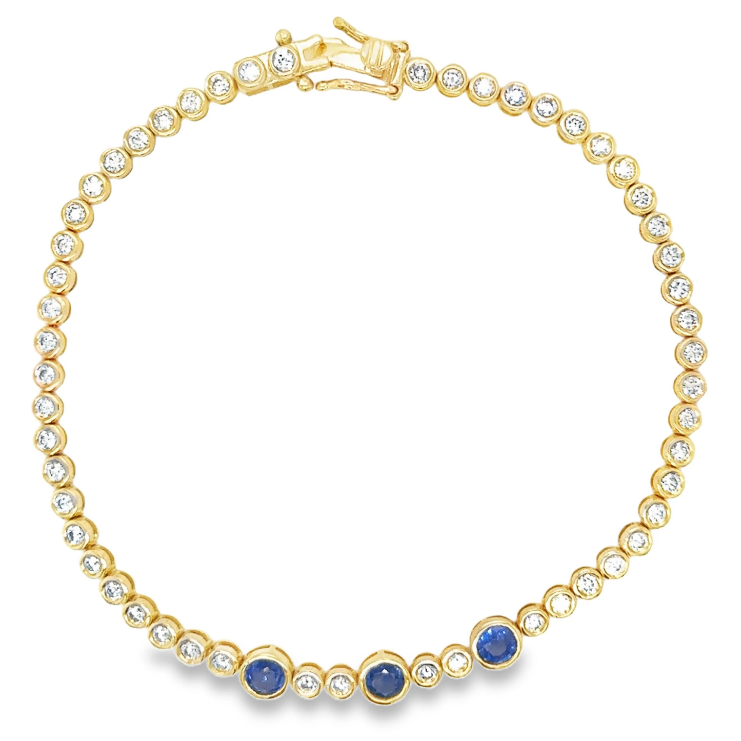 14KT YELLOW GOLD DIAMONDS AND BLUE SAPPHIRE TENNIS BRACELET