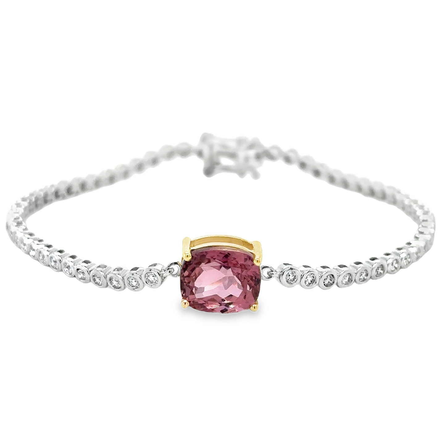 14KT WHITE GOLD TOURMALINE AND DIAMONDS BEZEL TENNIS BRACELET