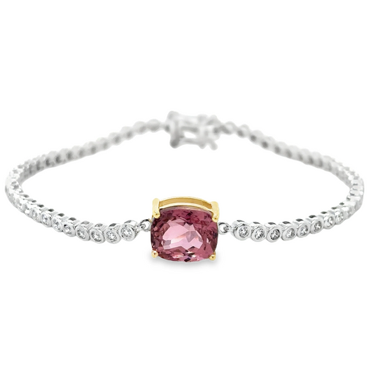 14KT WHITE GOLD TOURMALINE AND DIAMONDS BEZEL TENNIS BRACELET