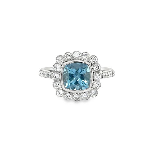14KT WHITE GOLD AQUAMARINE AND DIAMONDS RING