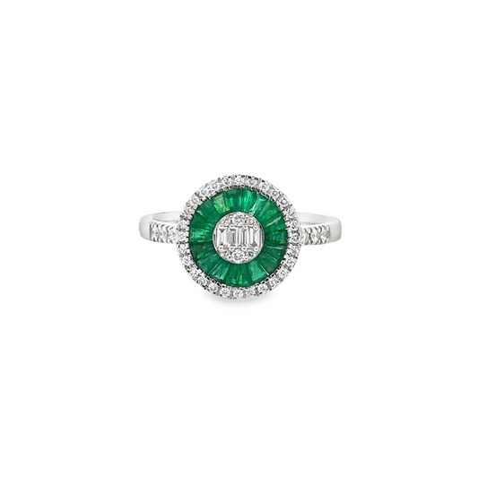 14KT WHITE GOLD EMERALD AND DIAMONDS ROUND RING