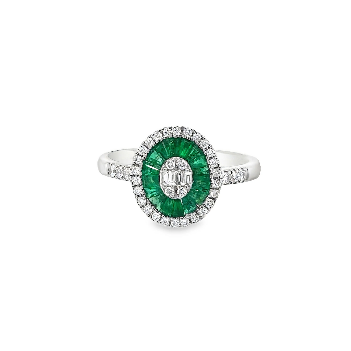 14KT WHITE GOLD EMERALD AND DIAMONDS OVAL RING