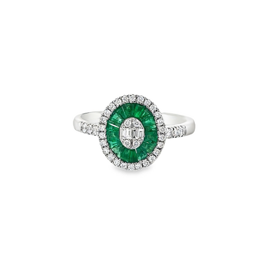 14KT WHITE GOLD EMERALD AND DIAMONDS OVAL RING