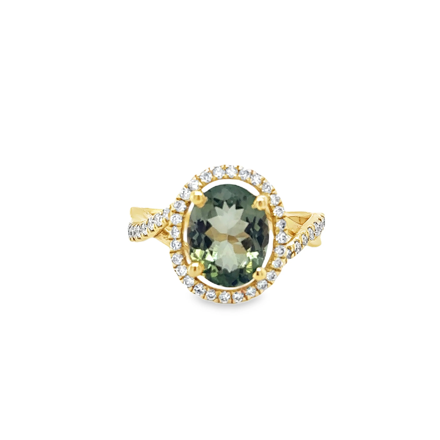14KT YELLOW GOLD GREEN TOURMALINE AND DIAMOND RING