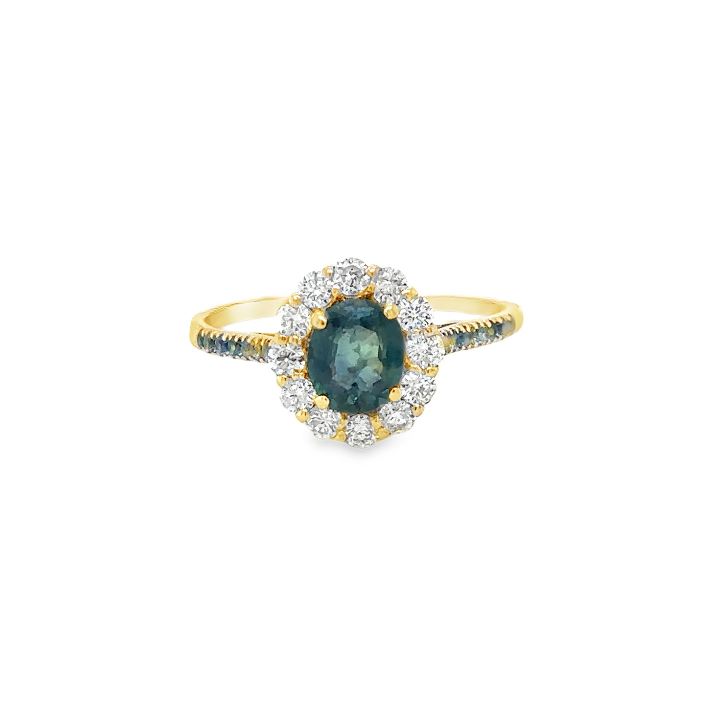 14KT YELLOW GOLD DIAMONDS WITH GREEN SAPPHIRE RING
