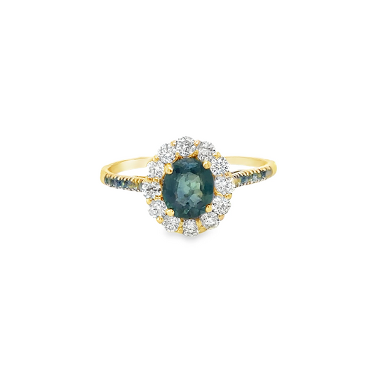 14KT YELLOW GOLD DIAMONDS WITH GREEN SAPPHIRE RING