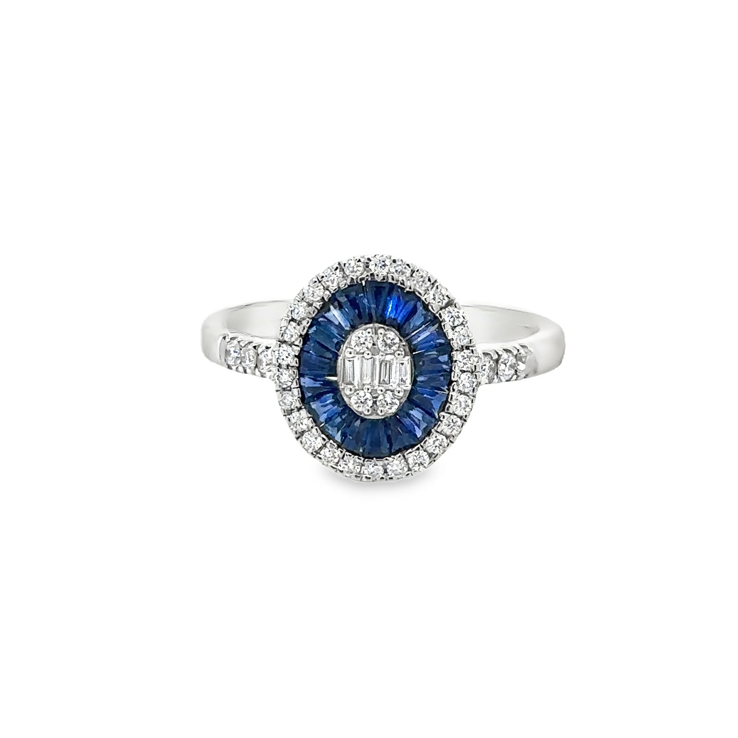 14KT WHITE GOLD BLUE SAPPHIRE AND DIAMONDS OVAL RING