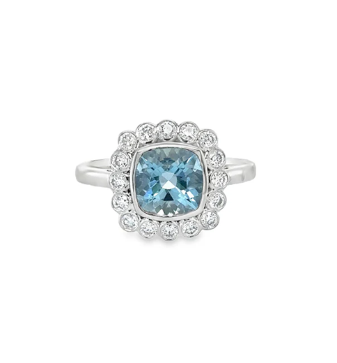 14KT WHITE GOLD AQUAMARINE AND DIAMONDS RING