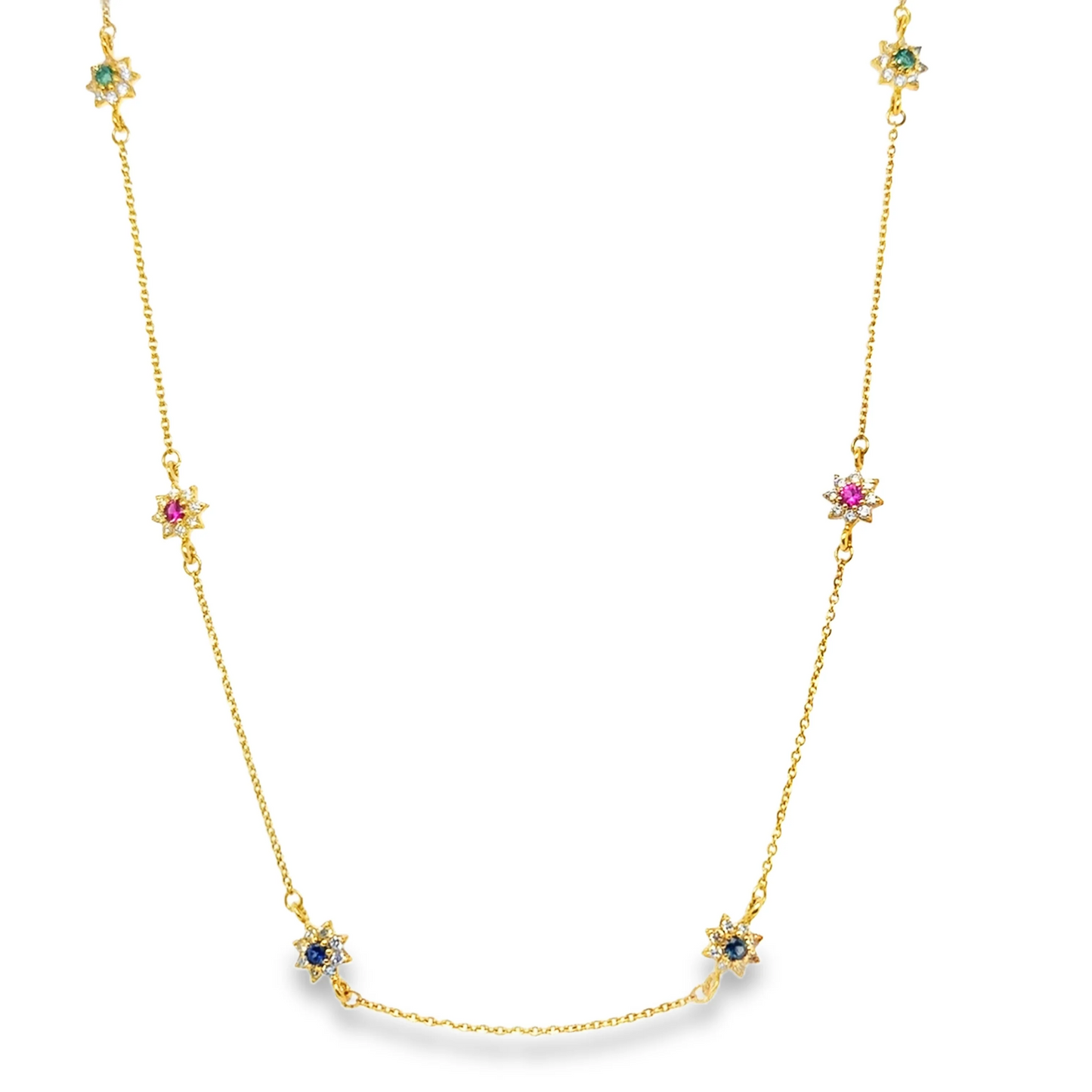 18KT YELLOW GOLD DIAMOND DANGLING NECKLACE WITH EMERALD RUBY AND BLUE SAPPHIRE