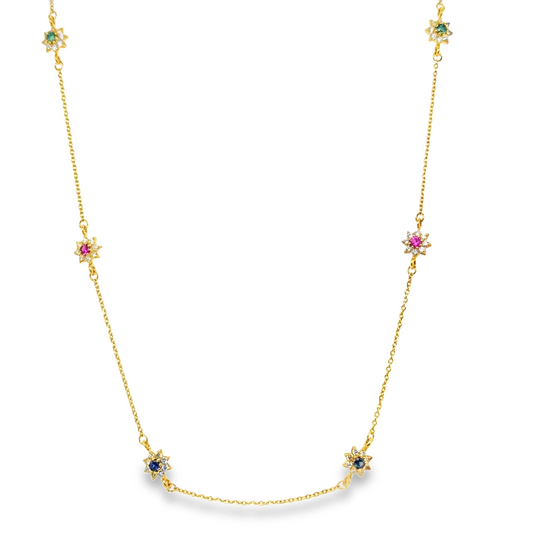 18KT YELLOW GOLD DIAMOND DANGLING NECKLACE WITH EMERALD RUBY AND BLUE SAPPHIRE