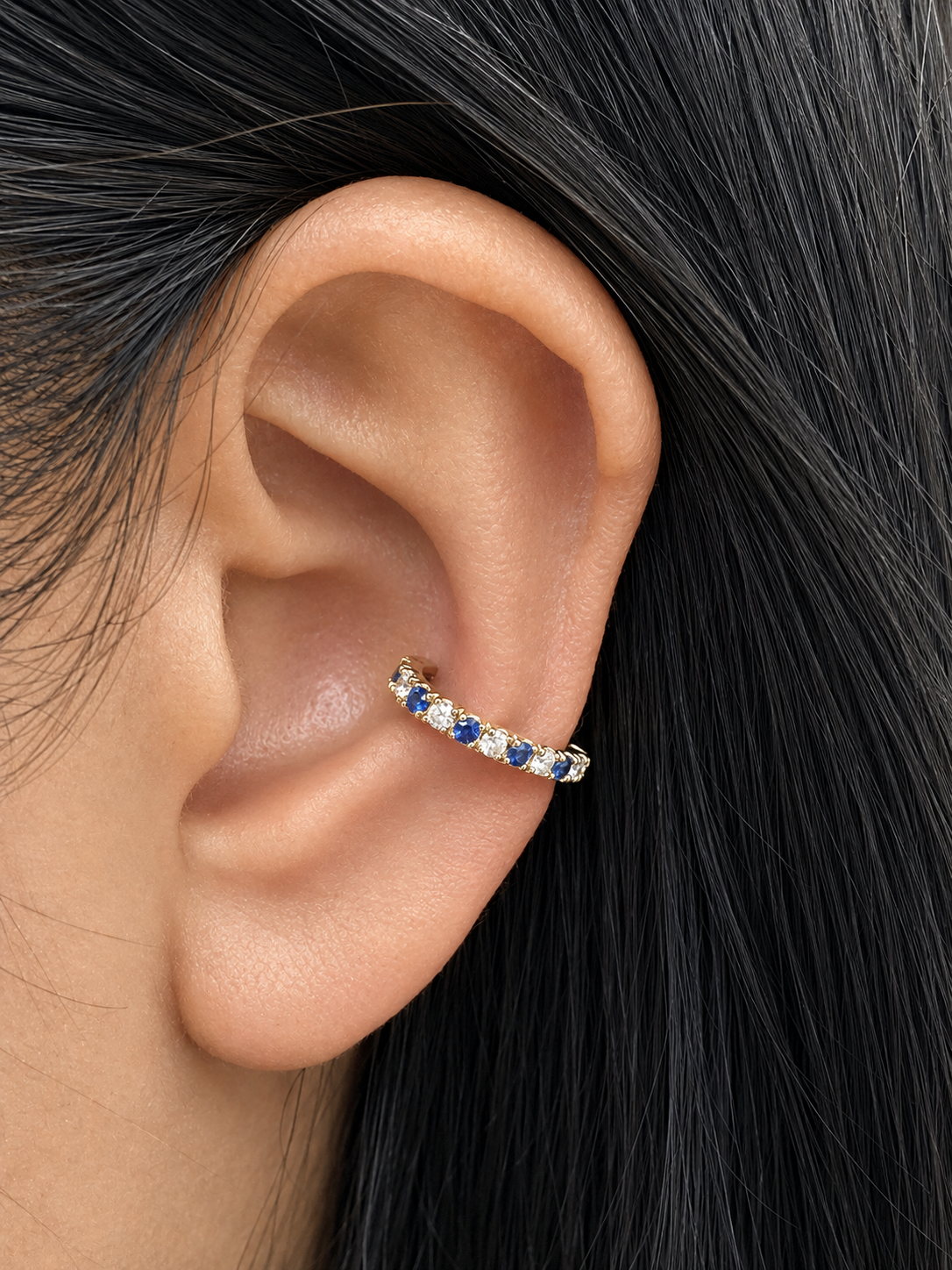 14K Gold Blue Sapphire & White Diamond Ear Cuff