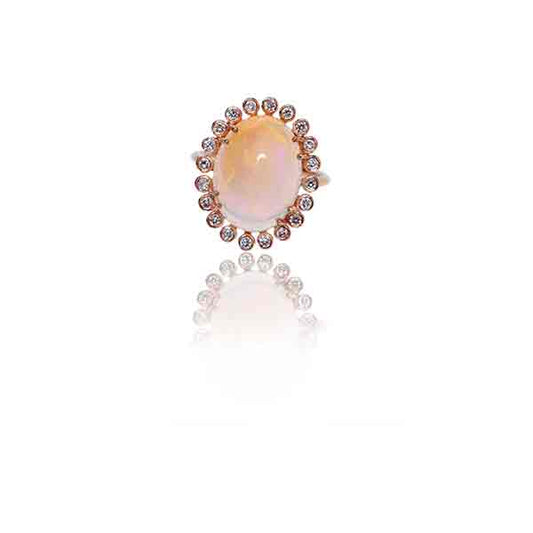 18KT YELLOW GOLD FULL CUT DIAMOND AND ETHIOPIAN OPAL CABS RING