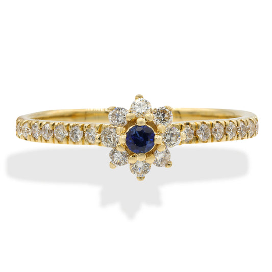 14K YELLOW GOLD DIAMOND AND SAPPHIRE FLOWER RING