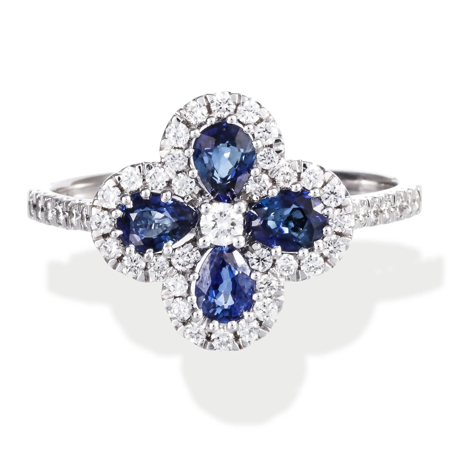14KT WHITE GOLD DIAMOND AND BLUE SAPPHIRE CLOVER RING