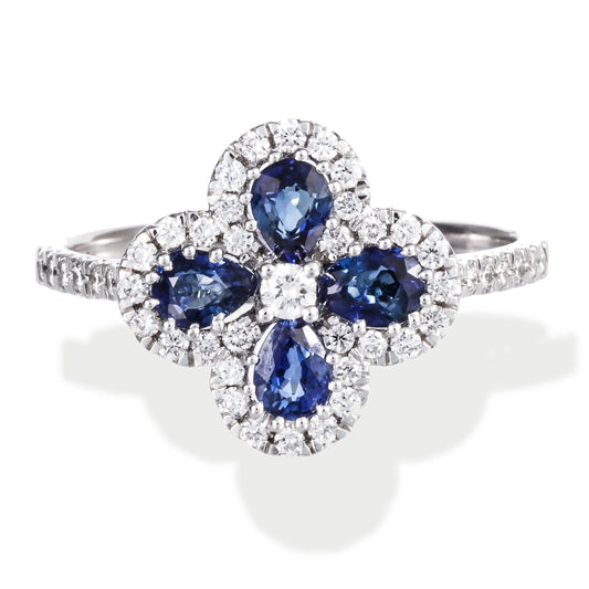 14KT WHITE GOLD DIAMOND AND BLUE SAPPHIRE CLOVER RING