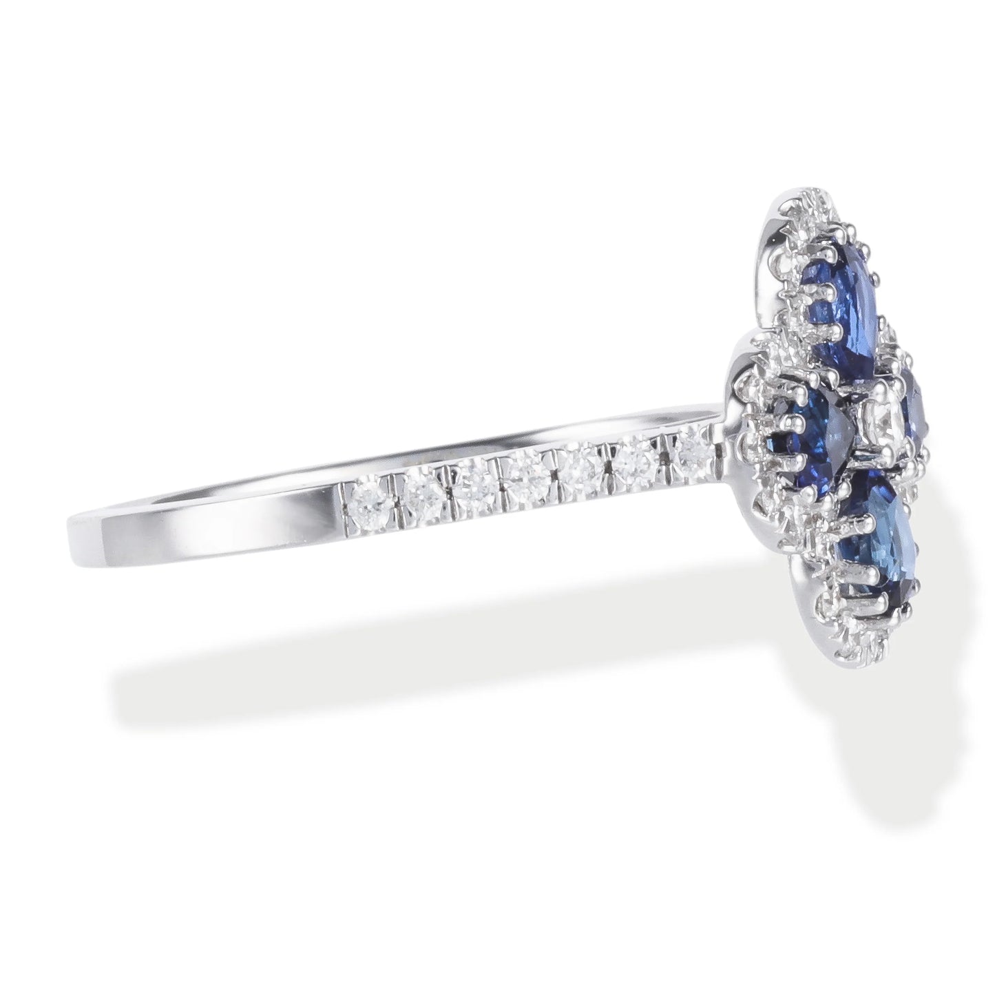 14KT WHITE GOLD DIAMOND AND BLUE SAPPHIRE CLOVER RING