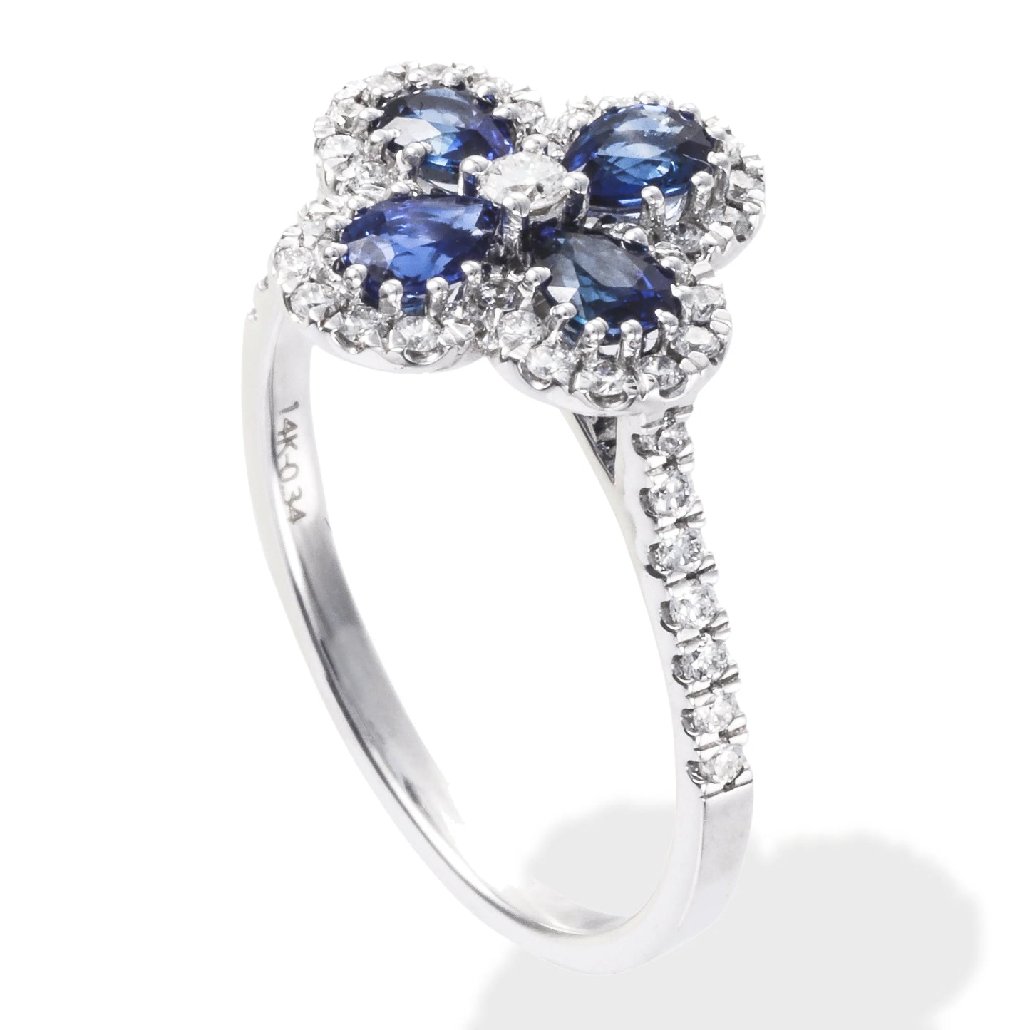 14KT WHITE GOLD DIAMOND AND BLUE SAPPHIRE CLOVER RING