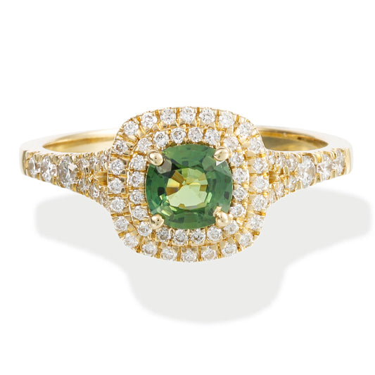 14KT YELLOW GOLD DIAMOND & GREEN SAPPHIRE CUSHION SHAPE RING