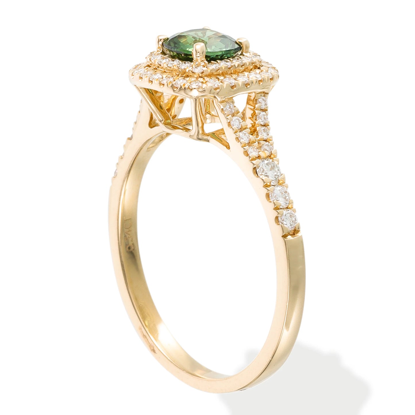 14KT YELLOW GOLD DIAMOND & GREEN SAPPHIRE CUSHION SHAPE RING