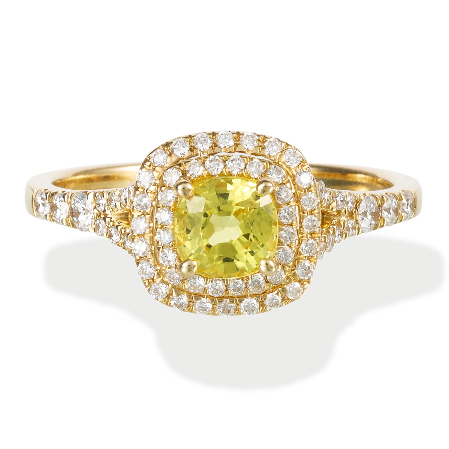 14KT YELLOW GOLD DIAMOND AND YELLOW SAPPHIRE CUSHION SHAPE RING