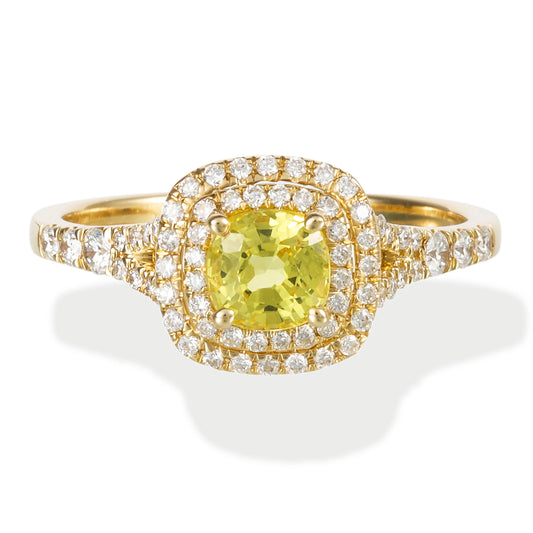 14KT YELLOW GOLD DIAMOND AND YELLOW SAPPHIRE CUSHION SHAPE RING