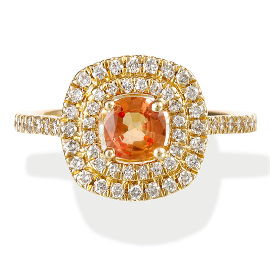 14KT YELLOW GOLD DIAMOND & ORANGE SAPPHIRE CUSHION SHAPE RING