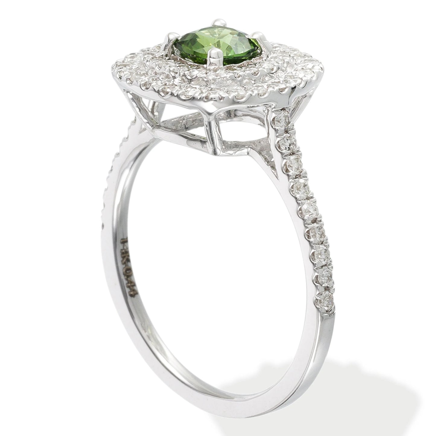 14KT WHITE GOLD DIAMOND & GREEN SAPPHIRE CUSHION SHAPE RING