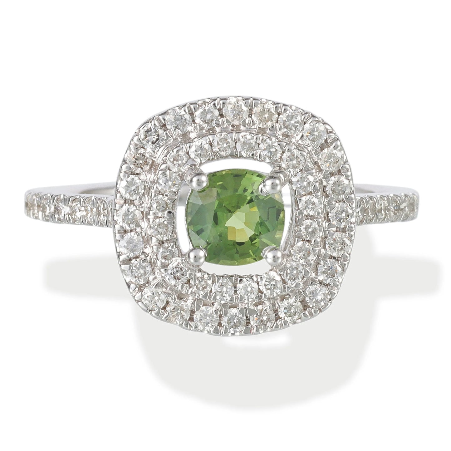 14KT WHITE GOLD DIAMOND & GREEN SAPPHIRE CUSHION SHAPE RING