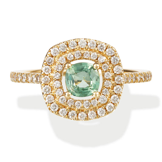 14KT YELLOW GOLD DIAMOND & GREEN SAPPHIRE CUSHION SHAPE RING