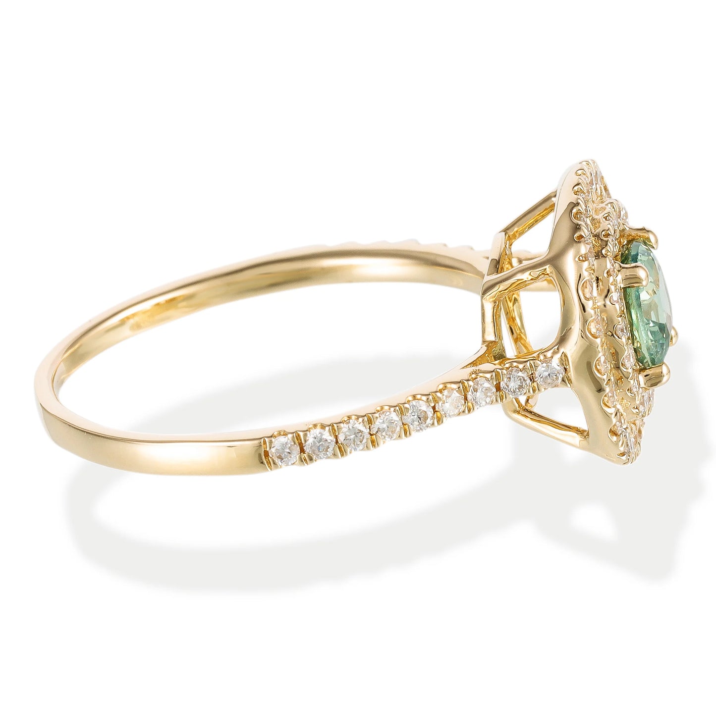 14KT YELLOW GOLD DIAMOND & GREEN SAPPHIRE CUSHION SHAPE RING