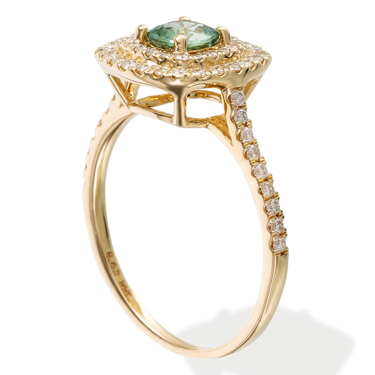 14KT YELLOW GOLD DIAMOND & GREEN SAPPHIRE CUSHION SHAPE RING