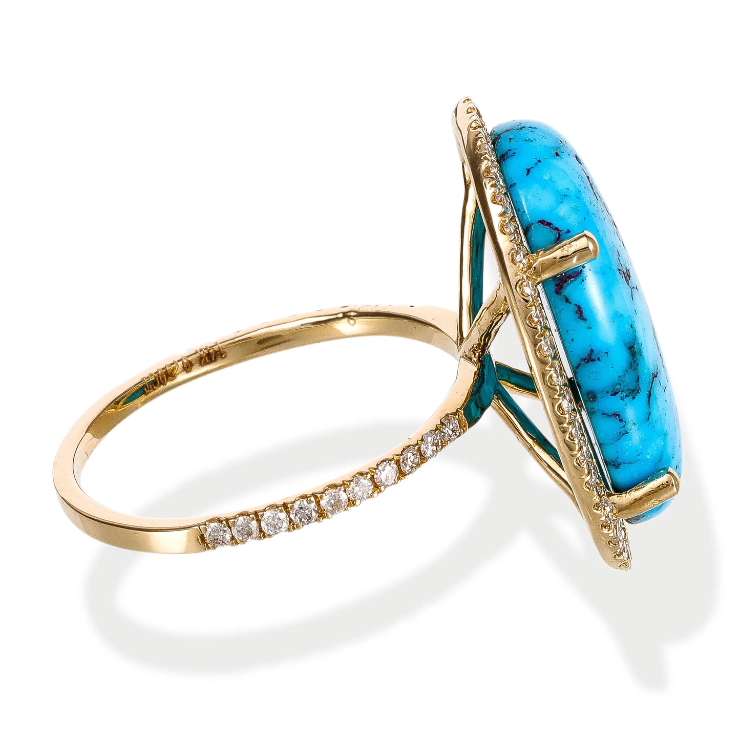 14 KT YELLOW GOLD DIAMOND AND OVAL TURQUOISE RING