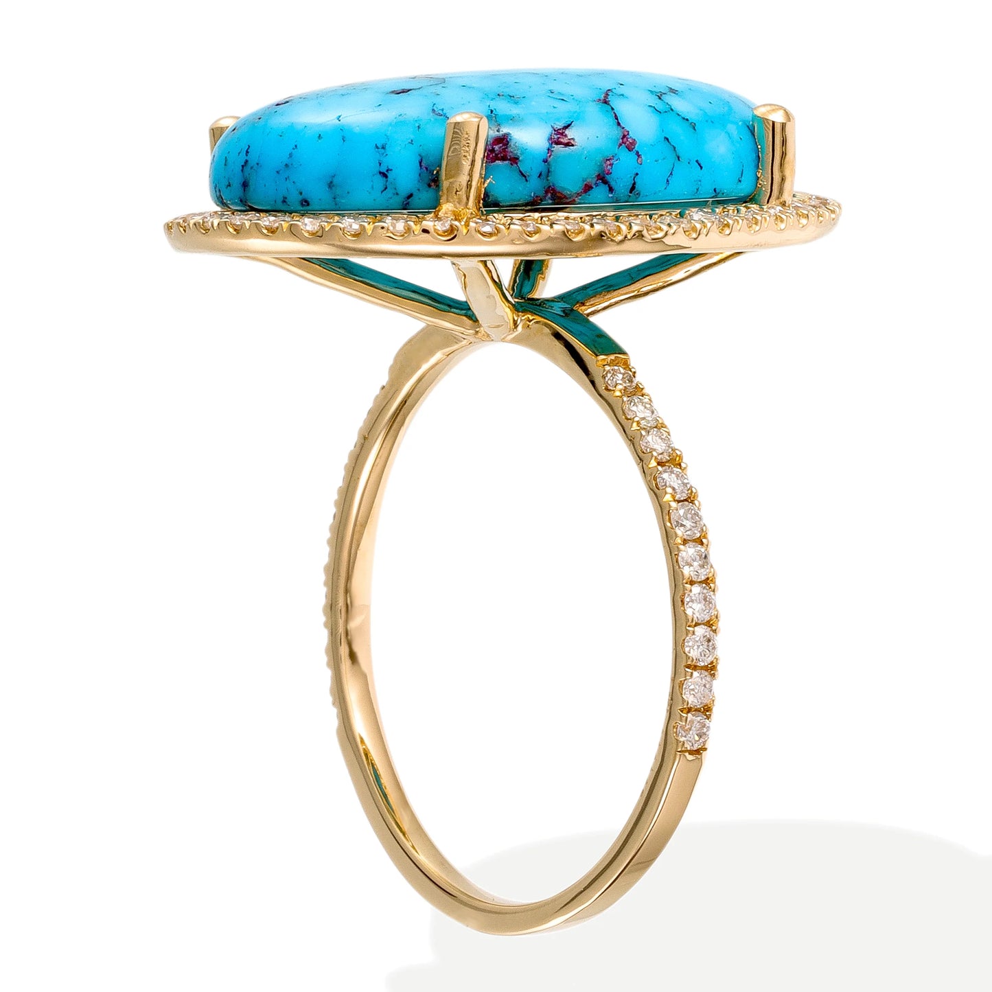 14 KT YELLOW GOLD DIAMOND AND OVAL TURQUOISE RING
