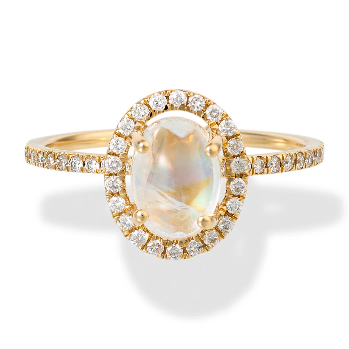 14KT YELLOW GOLD RAINBOW MOON STONE OVAL SHAPE RING WITH DIAMONDS