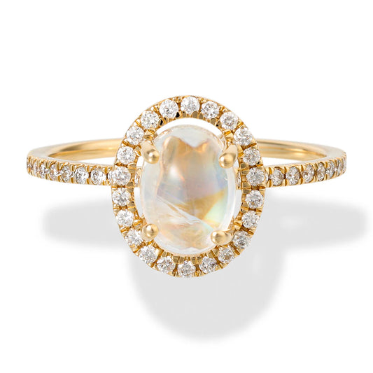 14KT YELLOW GOLD RAINBOW MOON STONE OVAL SHAPE RING WITH DIAMONDS