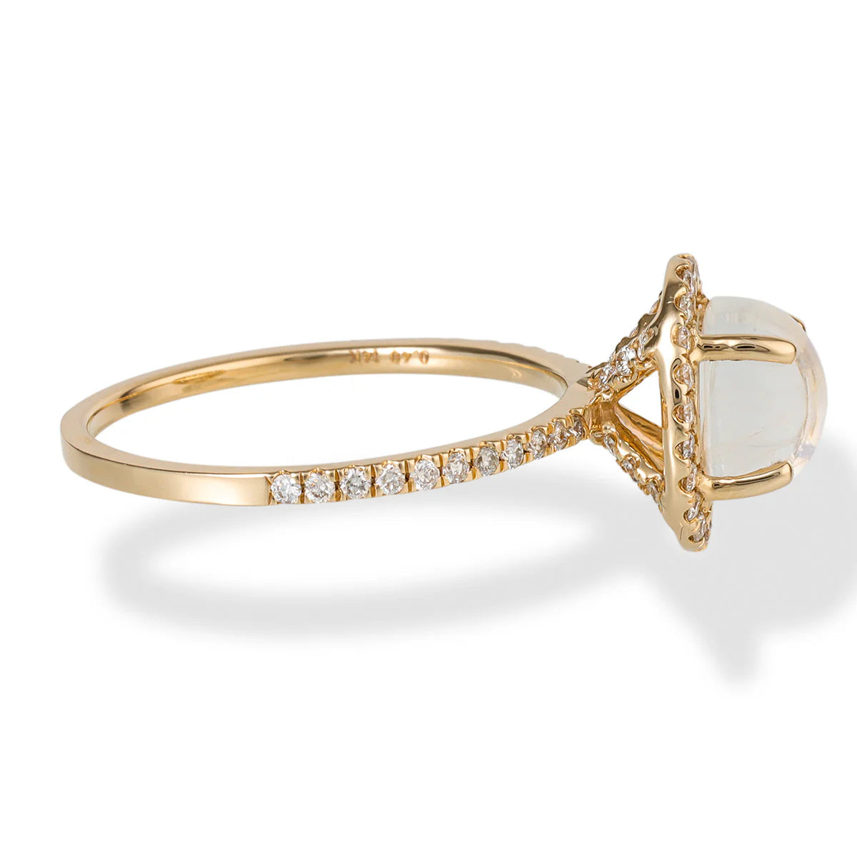 14KT YELLOW GOLD RAINBOW MOON STONE OVAL SHAPE RING WITH DIAMONDS