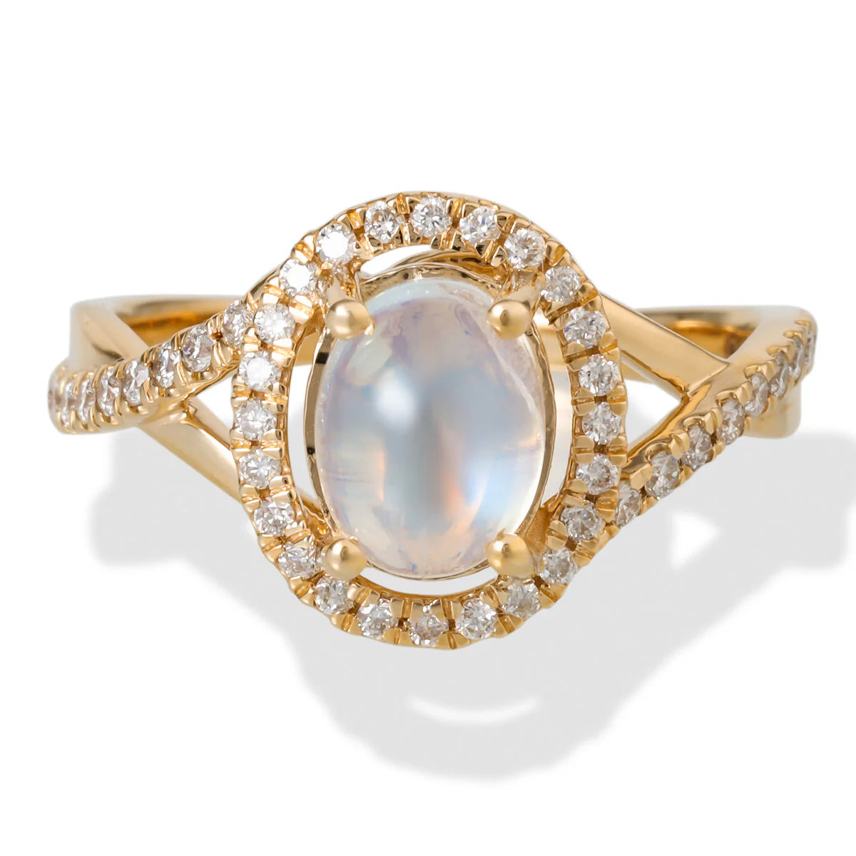 14KT YELLOW GOLD RAINBOW MOON STONE OVAL RING WITH DIAMONDS