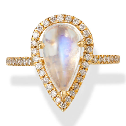 14KT YELLOW GOLD RAINBOW MOON STONE PEAR SHAPE RING WITH DIAMONDS