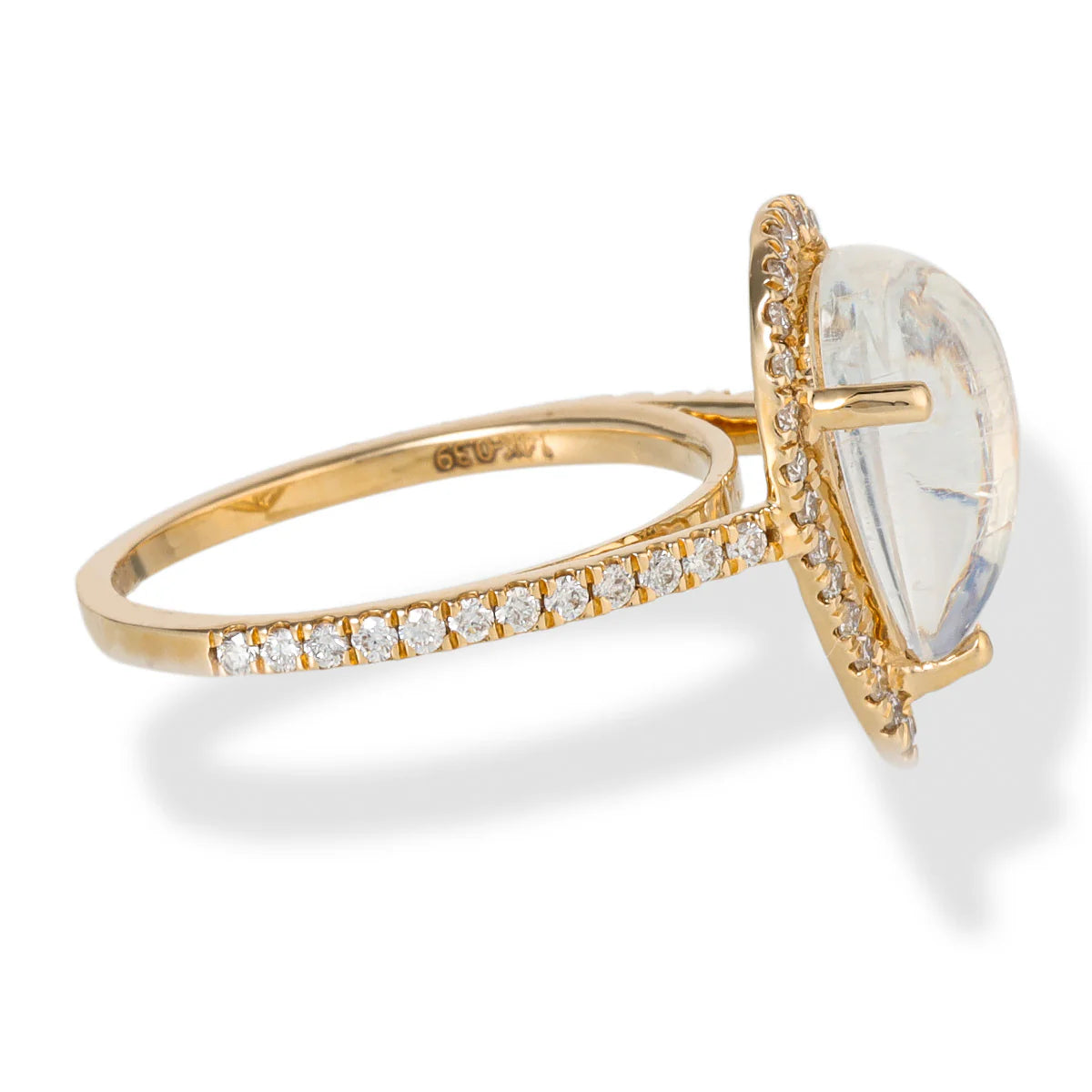 14KT YELLOW GOLD RAINBOW MOON STONE PEAR SHAPE RING WITH DIAMONDS