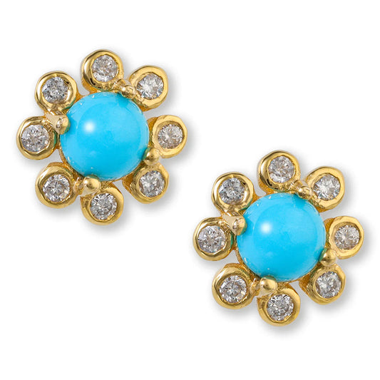 18KT YELLOW GOLD TURQUOISE AND DIAMOND ROUND EARRINGS