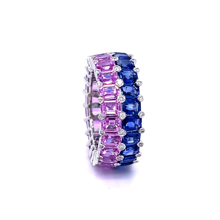 18KT WHITE GOLD BLUE/PINK SAPPHIRE WITH DIAMOND RING